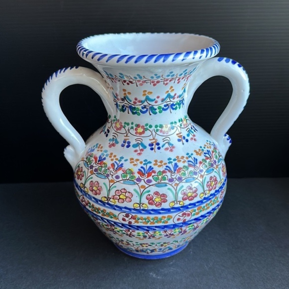 Spanish Hand Painted Pottery Vessel Vase Floral Dots Collectible Artist Signed